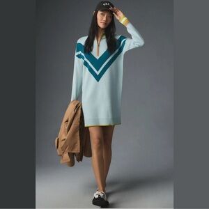 Anthropologie Teal and Yellow Turtleneck Dress